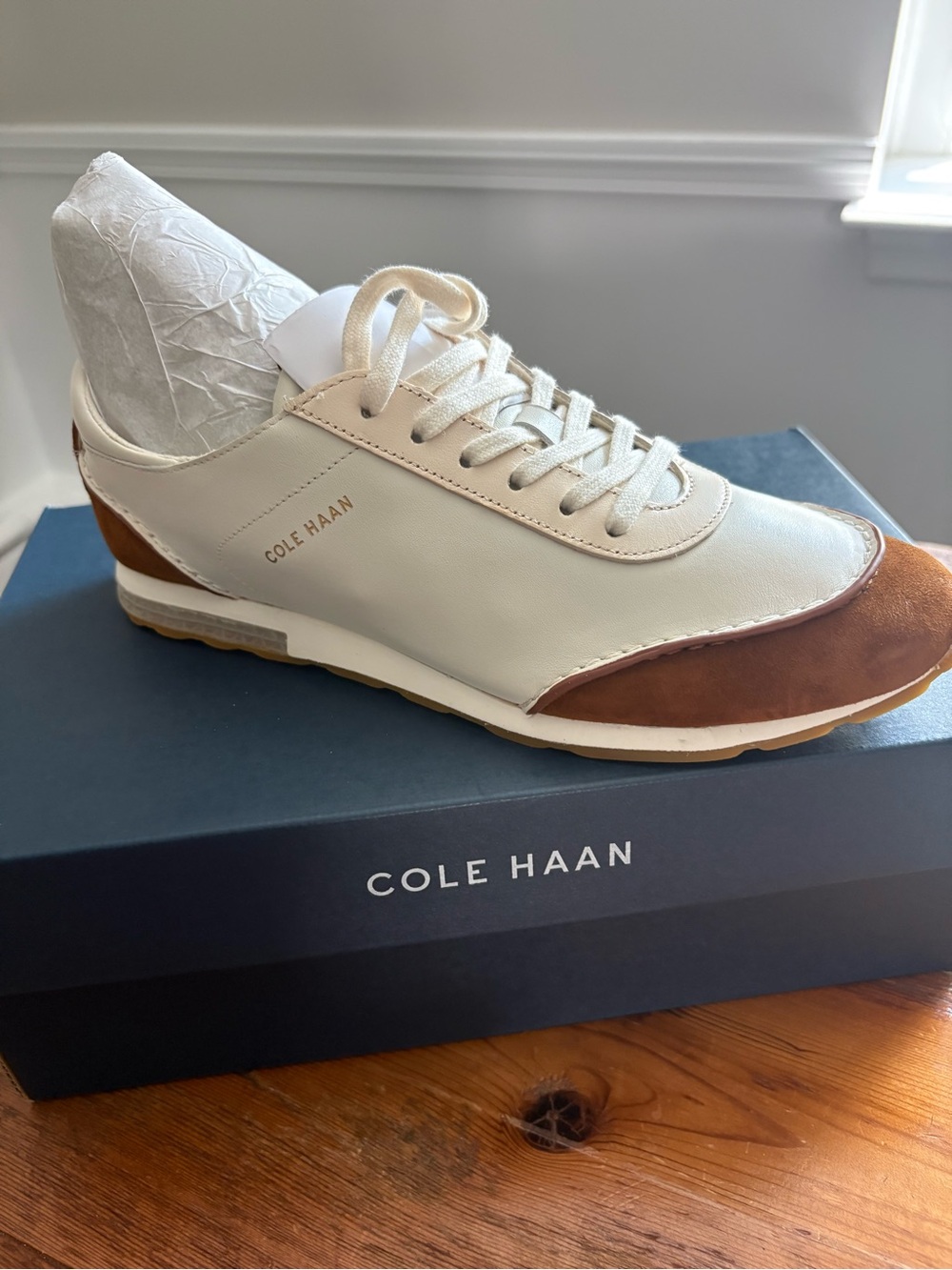Cole Haan White and Brown Leather Retro Runner Sneakers